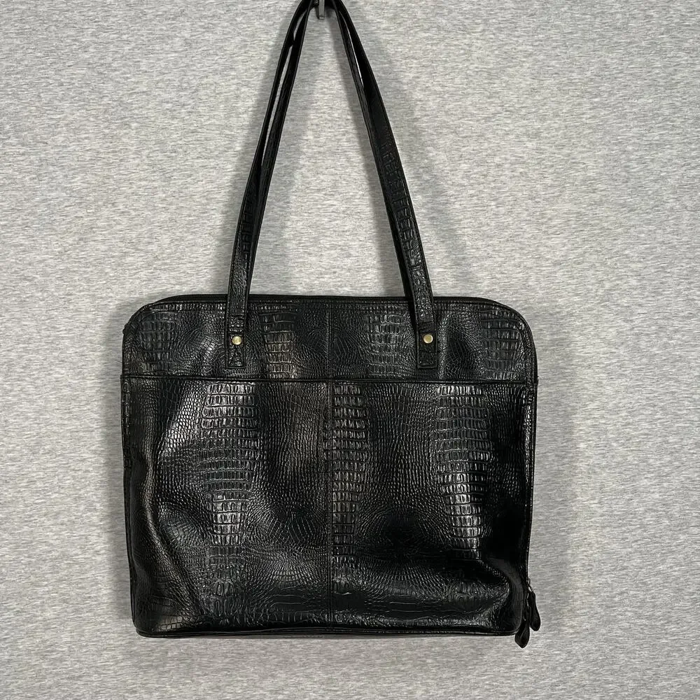 Bueno Croc Embossed Shoulder Tote Bag Womens Black Zip Double Strap Laptop